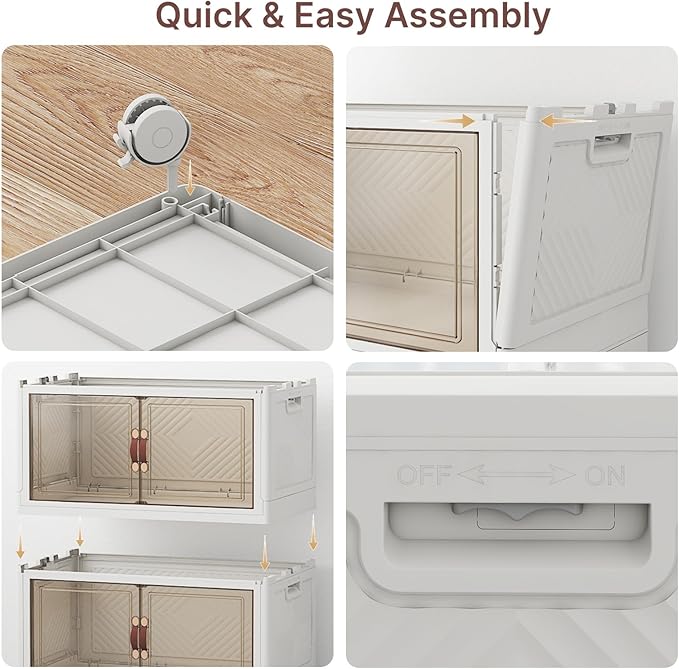 720Qt Stackable Storage Bins with Lids, 6 Pack Large Collapsible Bins with Wheels, Plastic Cabinet with Doors, Foldable Closet Organizers and Storage for Home, Dorm, Office, White
