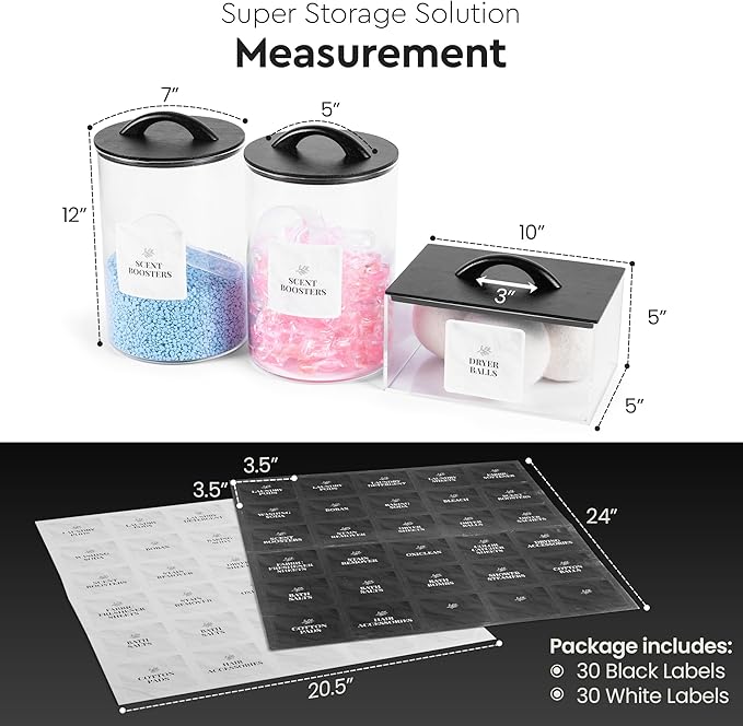 Laundry Pod Storage Container Set | Two 3L Glass Jars & One Acrylic Dryer Sheet Container with Bamboo Lids – Includes 2 Scoops, 60 Waterproof Laundry Labels – Dishwasher Safe