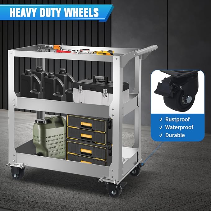3-Tier Stainless Steel Utility Cart, 1000lbs Capacity with 360° Locking Casters, Heavy-Duty Rolling Cart for Garage, Workshop, Warehouse & Kitchen - Silver