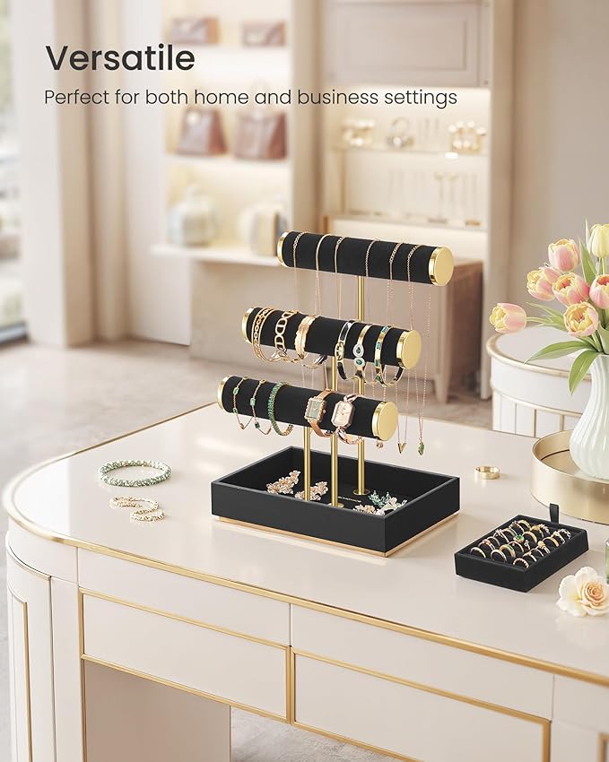 SONGMICS Bracelet Holder Stand, Jewelry Display Stand, Jewelry Organizer, with 3 Tiers and Velvet Tray, Removable Ring Holder, Christmas Gift, Ink Black UJJS027B01