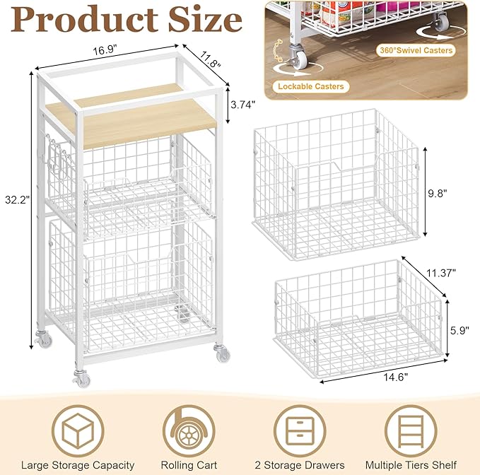3 Tier Laundry Room Cart with Pull-Out Baskets, Utility Cart Rolling Storage Cart with Wheels Bathroom Organizers Storage Shelf with Wood Top Laundry Room Organization and Storage, White