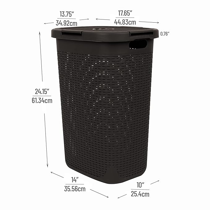 Mind Reader Slim Laundry Hamper with Lid, 60L Clothes Basket, Premium Wicker Design, Plastic, Brown