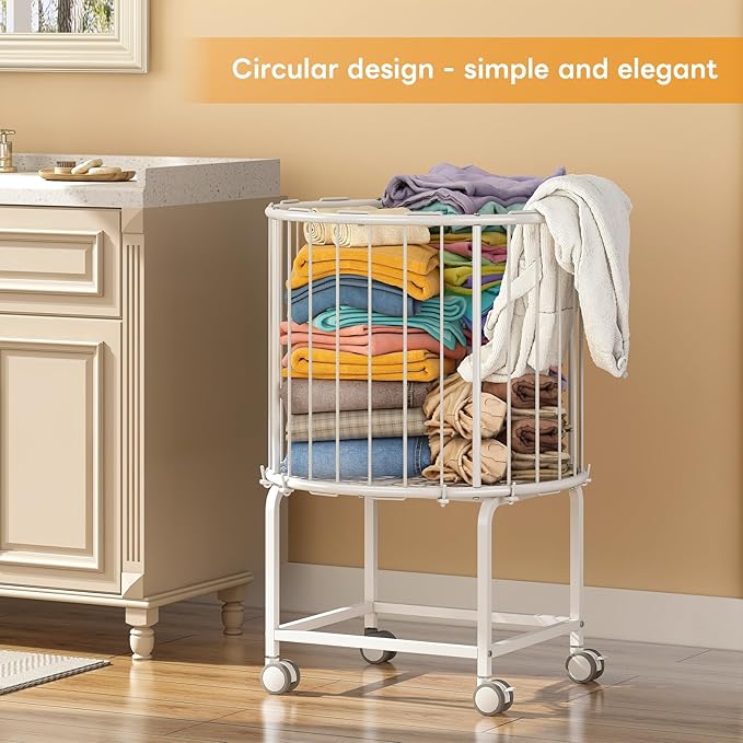 29-Gallon(110 L) Laundry Cart with Wheels,Rolling Round Metal Laundry Basket Cart with Elastic Cord,2 Locking Wheels-White