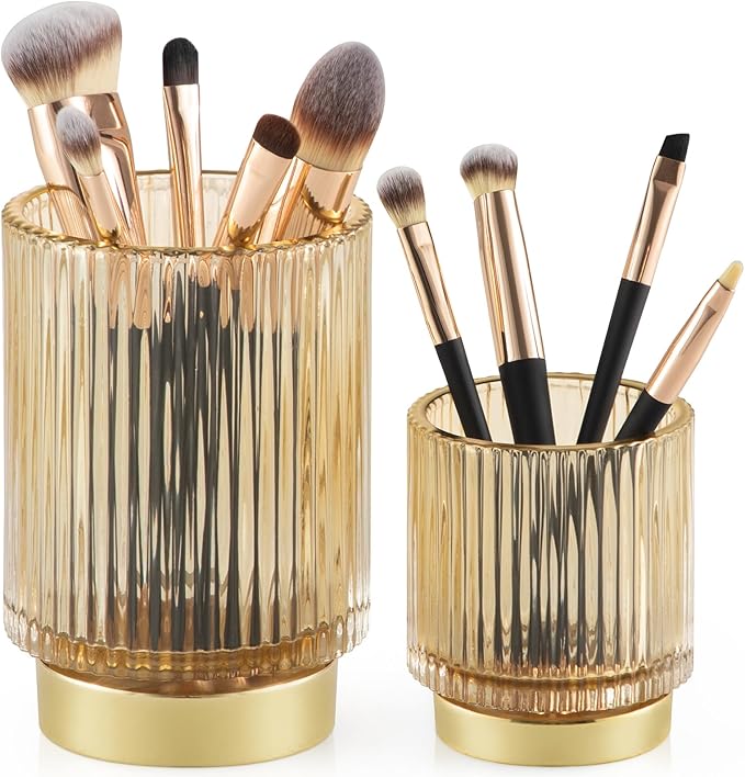 CANITORON Makeup Brush Holder,2 Pack Glass Makeup Brush Holder Organizer Store Cosmetic Tools,Eyeliner,Storage Organizer for Vanity,Bathroom and Bedroom Countertop Storage.(Amber S+L)