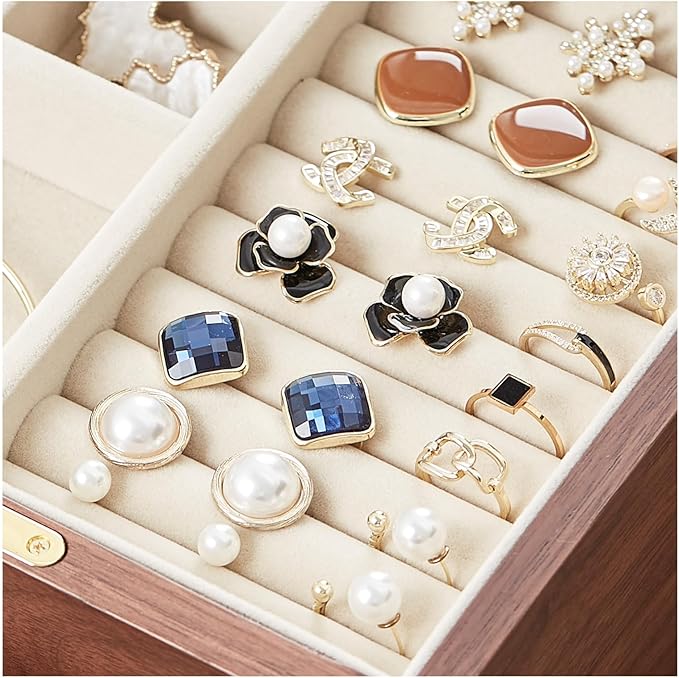 Black Walnut Wooden Jewelry Box Women large 5 Layer Drawer Wood Organizer Box with Glass Lid for Necklaces, Watch, Necklace, Ring, Earring Storage - Christmas Gifts
