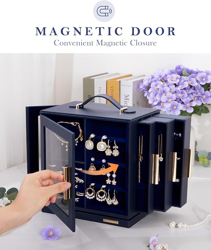 Homde Christmas Gifts Jewelry Box 360° Rotating, Necklace Earring Organizer with Transparent Window, Mirror, 7 Drawers, Large Ring Display Storage Case for Girls Women (Dark Blue)