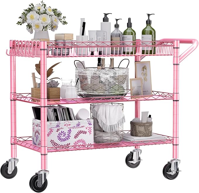 NTE Utility Cart with Wheels, 990lbs Capacity Metal 3 Tier Rolling Carts, NSF Kitchen Carts On Wheels with Storage, Heavy Duty Utility Cart with Handle & Wire Shelf for Indoor & Outdoor Use, Pink