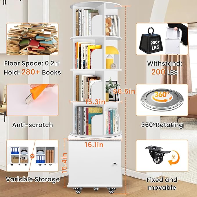6 Tier Rotating Bookshelf Spinning Bookshelf Tower 360° Revolving Bookcase with Storage Cabinet Corner Organizer Storage Round Carousel with Wheels, White