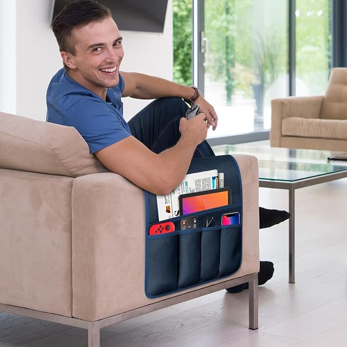 TV Remote Control Holder Couch Caddy, Non-slip Bedside Caddy Organizer with 5 Pockets for Key Glasses Phone Magazine Holders