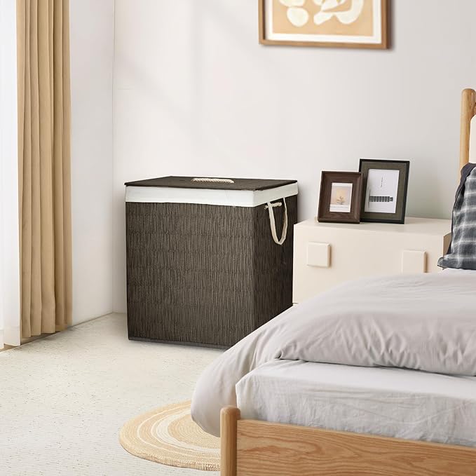 Laundry Hamper with Lid, 39.6 Gallon(150L) Large Laundry Basket 2 Removable Liner Bags, Synthetic Rattan Clothes Hamper with Side Pocket, laundry organization for bathroom, laundry room, Grey