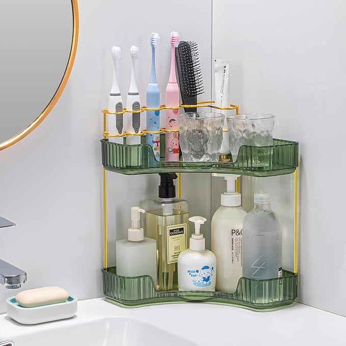 Upgraded 2-Tier Corner Bathroom Countertop Organizer – Spacious Storage for Makeup, Skincare & Perfumes, Built-in Brush Holder Fits Vanity/Dresser/Bsthtub (Sage Green)
