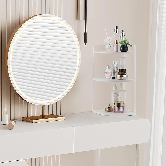 3 Tier Corner Bathroom Counter Organizer, Countertop Organizer, Vanity Organizers, Bathroom Storage Sink Shelf, Wooden and Metal Counter Shelf, Corner Counter (White)