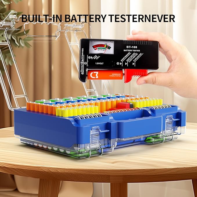 Battery Organizer Storage Holder Box Case with Tester, Stores & Protects Up to 260 Batteries, Double-Clear Locking Lid, Holds AA AAA C D and More (Blue)