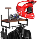 Helmet Holder Wall Mount, Retro Helmet Rack with Wooden Board, 2 Helmet Stands for Moto Gear Storage, Football Accessories Organizer, 4 Clips 5 Hooks for Hanging Gloves Keys, and Tactical Vests