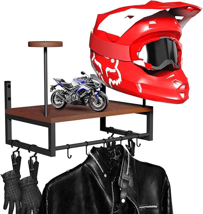 Helmet Holder Wall Mount, Retro Helmet Rack with Wooden Board, 2 Helmet Stands for Moto Gear Storage, Football Accessories Organizer, 4 Clips 5 Hooks for Hanging Gloves Keys, and Tactical Vests
