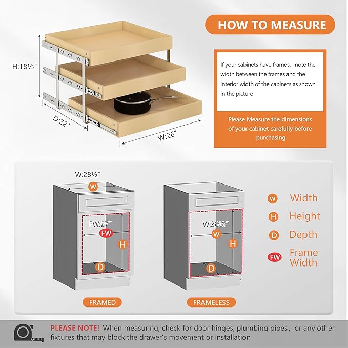 WelFurGeer 3-Tier Pull Out Cabinet Organizer with Soft Close, Heavy-Duty Slide Out Drawers for Cabinets, Pull Out Drawers for Cabinets, Bottom Mount Shelves for Kitchen, Pantry, Bathroom