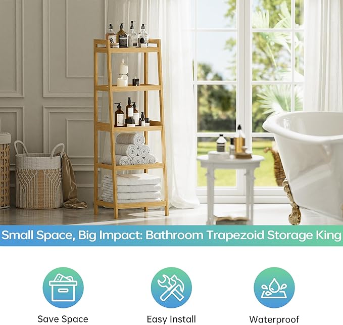 SMIBUY Bamboo Ladder Bookcase, Bathroom Storage Rack Organizer, 4 Tier and 5 Tier Freestanding Plant Display Stand Space Saver Shelves for Bedroom, Kitchen, Balcony (Natural, 5 Tiers (50" H))