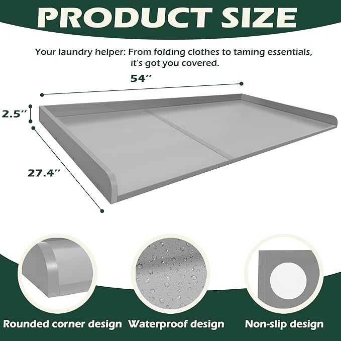 Royxen Washer Dryer Countertop, 27.4" x 54", Wood, Universal Fit, Laundry Room Organization, Grey