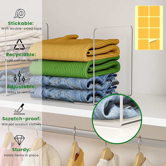 Shelf Dividers for Closet Organization: 8 Pack 10" Tall X 8.4" Deep Acrylic Clear Vertical Shelves Separators - Adhesive Adjustable Easy to Install Remove - Handbags/Clothes/Towel Storage