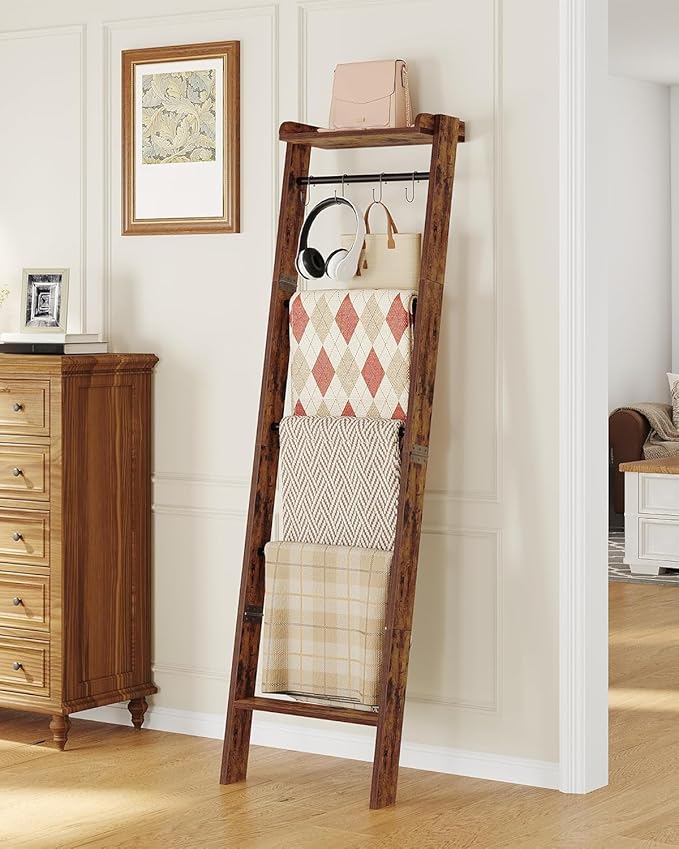 Blanket Ladder Shelf, Decorative Quilt Rack,6-Tier Farmhouse Ladder Holder Organizer with 4 Removable Hooks, Rustic Brown BR35801B