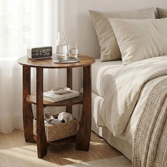Rustic Brown Round Side Table, 3-Tier End Table with Storage Shelves, Farmhouse Nightstand for Bedroom, Small Accent Table for Living Room Sofa, 19.7" D x 21.7" H