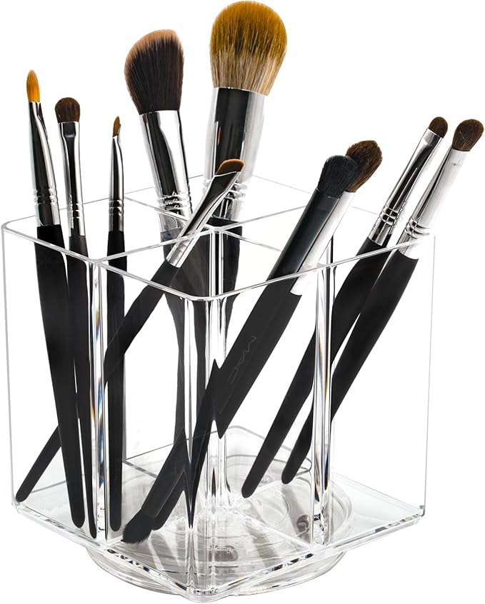 Clear Makeup Brush Holder,Acrylic Rotating 360°Makeup Brush Organizer,Pen holder with 4 Grids,Makeup Holder for Courtup,Containers for Desk,1pc