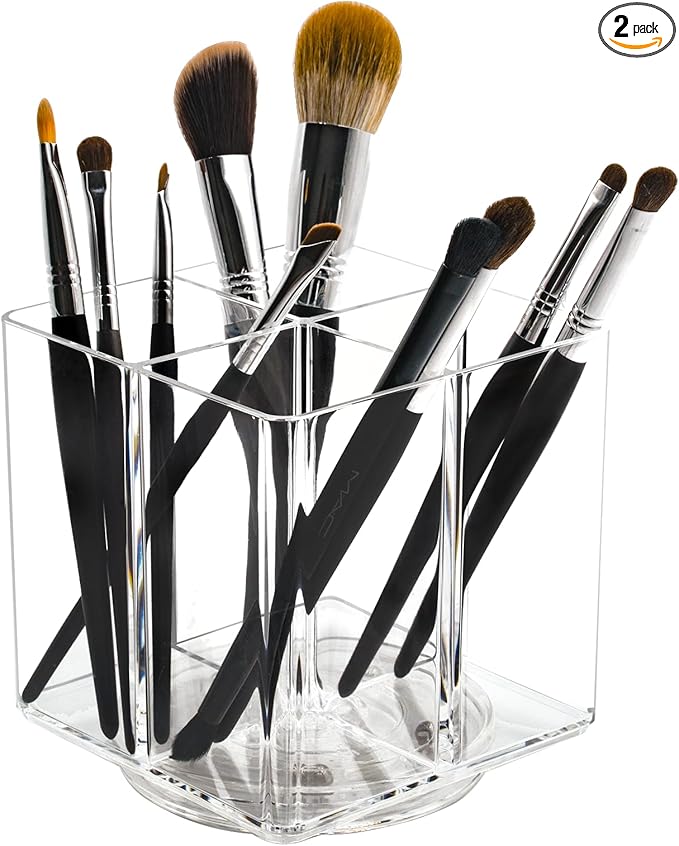 Clear Makeup Brush Holder,Acrylic Rotating 360°Makeup Brush Organizer,Pen holder with 4 Grids,Makeup Holder for Courtup,Containers for Desk,2pc