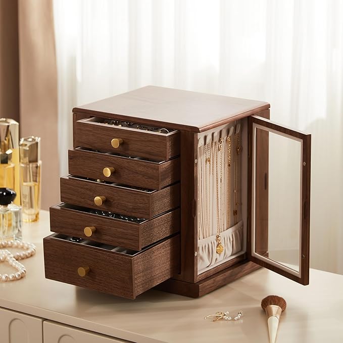 CHOSIN Black Walnut Wooden Jewelry Box, 360° Rotating Organizer with Glass Lid, 5 Drawers for Earrings, Rings, Necklaces – Vertical Jewelry Storage for Women Christmas Gifts