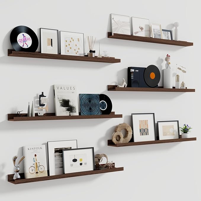 Fun Memories Picture Ledge Shelf, 48 Inch Long Floating Shelves Set of 6, Picture Shelf for Wall with Lip, Large Nursery Book Shelves for Storage, Wall Shelves for Living Room Bedroom Kitchen, Walnut