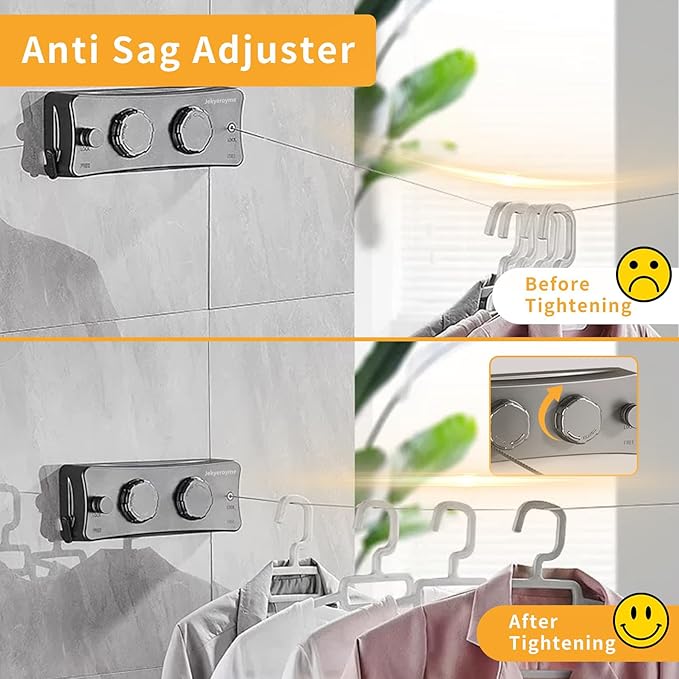 Retractable Clothesline Indoor & Outdoor, Non-Sagging Wall Mounted Drying Rack Clothesline, 16.7 Ft Stainless Steel Wire Double Clothes Lines, Hanging Clothes line for Balcony, Courtyards(Grey)