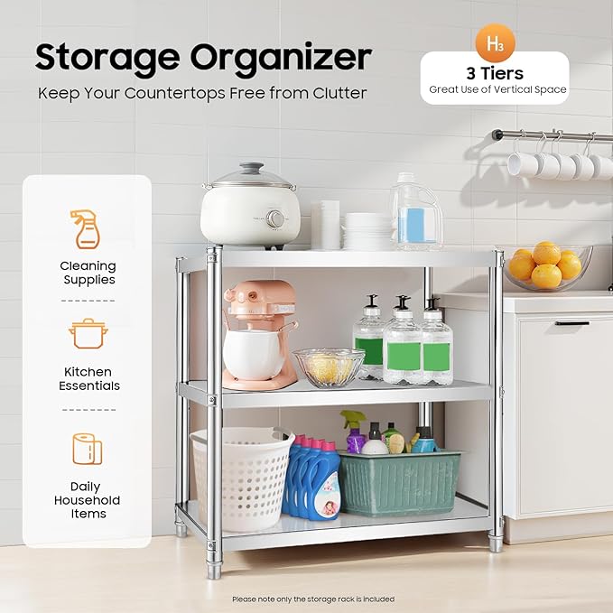 Metal Work Table,3 Tier Kitchen Storage Rack, Stainless Steel Shelving Unit Organizer with Adjustable Shelf for Pantry, Bathroom, Laundry Room, 66 lbs Load Capacity