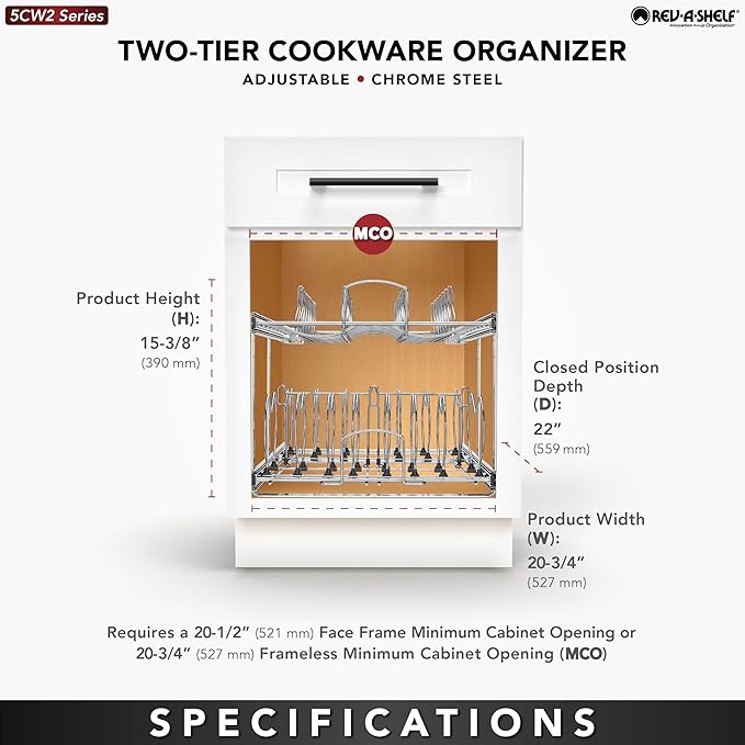 Rev-A-Shelf 2-Tier Kitchen Cabinet Pullout 20.75" Cabinet Organizer for Pots, Pans, and Lid Cookware, Adjustable Heavy Duty Wire, Chrome, 5CW2-2122-CR