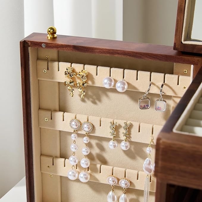 6-Layer Black Walnut Wooden Jewelry Box with Lock and Key, Large Luxury Jewelry Organizer Box for Women, Ideal Christmas Gift for Wife, Mom or Her, Earring & Necklace Storage with Ring Trays