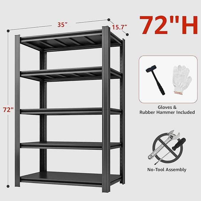 35" W Father&I Industrial Heavy-Dudy Garage Shelving Units/Systems: Metal 5-T Storage Shelves Adjustable for Basement/Closet/Tote/Kitchen/Pantry Organization, 72" H*35" W *15.7" D, Black