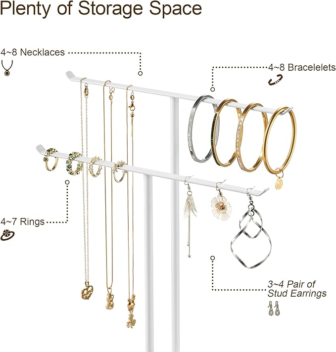 pickpiff Necklace Holder Jewelry Organizer Stand – 2‑Tier T‑Bar Jewelry Display Tree with Tray for Countertop Necklace Bracelet Earring Storage, Vanity Dresser Bathroom Sink, White