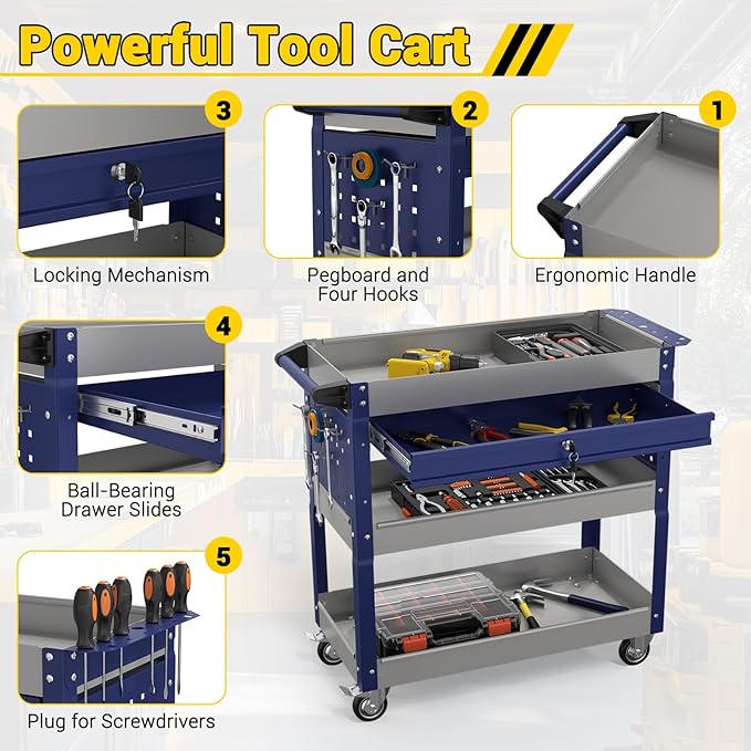 3 Tier Rolling Tool Cart on Wheels, 550 LBS Tool Cart with Drawers，Heavy Duty Utility Cart with Pegboard and Hooks，Mechanic Tool Storage Cart for Garage, Warehouse and Repair Shop(Gray-Blue)