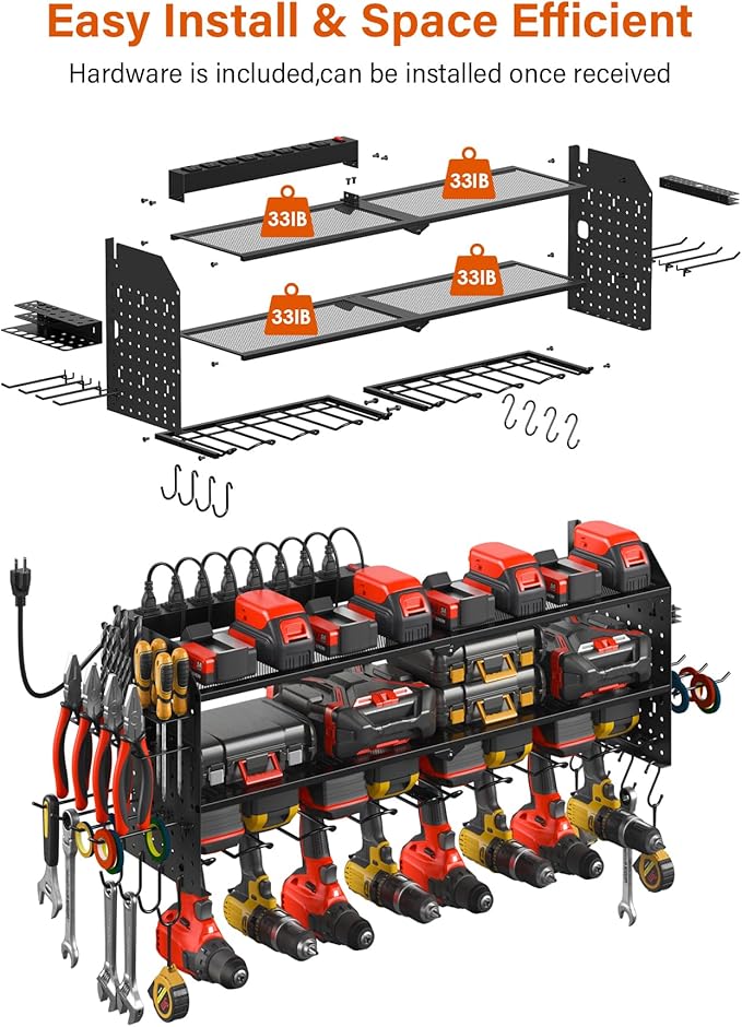 JUNNUJ Large Pegboard Power Tool Organizer with Charging Station, 8 Drills Driver and Tools Battery Holder Wall Mount with 8 Outlet Power Strip, Black 3-Layer Shop Garage Storage Utility Rack