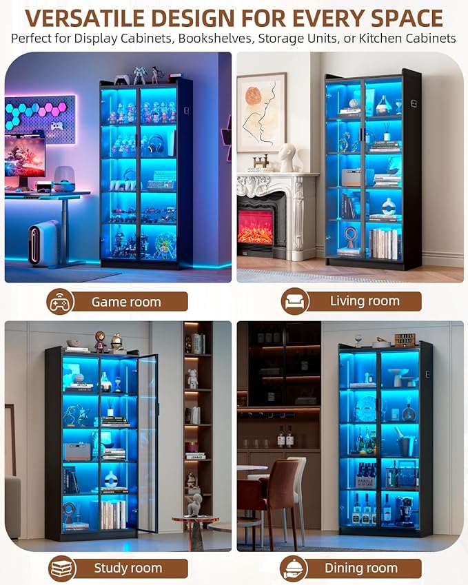 Display Cabinet with Glass Doors and Shelves, 65" Tall Curio Cabinet with LED Lights/Human Sensor, 5 Tier Display Case for Collectibles Bedroom Living Room Office, Black