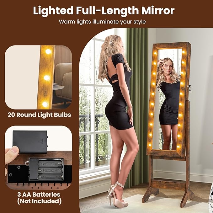 Giantex Standing Jewelry Armoire with Lighted Full Length Mirror, Lockable Jewelry Cabinet Organizer with 20 LED Lights, Adjustable Tilt, Large Storage for Earrings, Rings, Necklaces, Rustic Brown