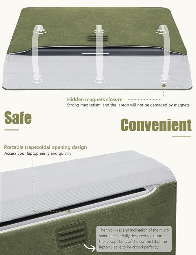 HYZUO 15 Inch Laptop Sleeve Case with Stand Feature for MacBook Air 15 M4 A3241 M3 A3114 M2 A2941 2025-2023, MacBook Pro 15, 15" Surface Laptop 7/6/5/4/3, with Carrying Pouch, Olive Green