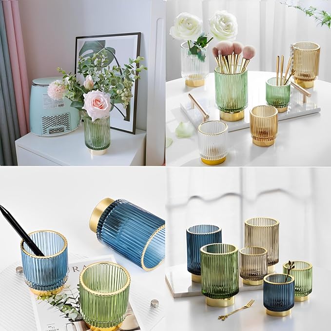Makeup Brush Holder Organizer, Heavy Crystal Glass Brush Storage Holder, Vintage Cosmetic Make Up Bathroom Brushes Cup Pen Pencil Toothbrush Holder Striped Vase (S+L (blue))