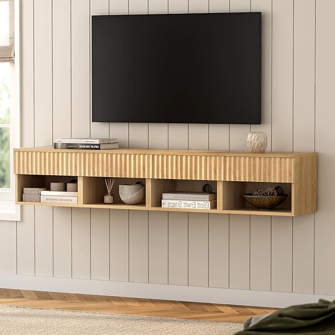 Floating Nightstand with Drawer and Open Shelf, Small Wall Mounted Bedside End Table, Modern Fluted Night Stand for Bedroom, Living Room, Natural Oak