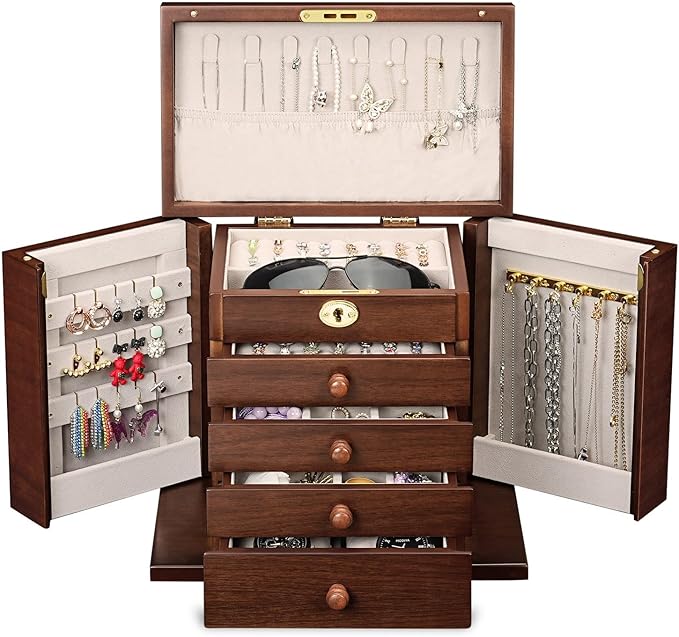wooden Jewelry Box and Organizer - 8-Layer Lockable Wooden Jewelry Boxes for Women - Large Jewelry Boxes and Organizer with Key,Gift for Wife,dresser top jewelry box with lock