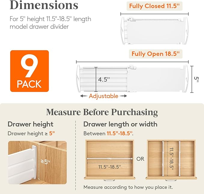 Lifewit 5" Tall 9 Pack Deep Drawer Dividers, 11.5-18.5" Expandable Drawer Divider for Clothes, White Dresser Drawer Storage Organizers, Clothing Drawers Separators for Dresser, Kitchen, Bedroom