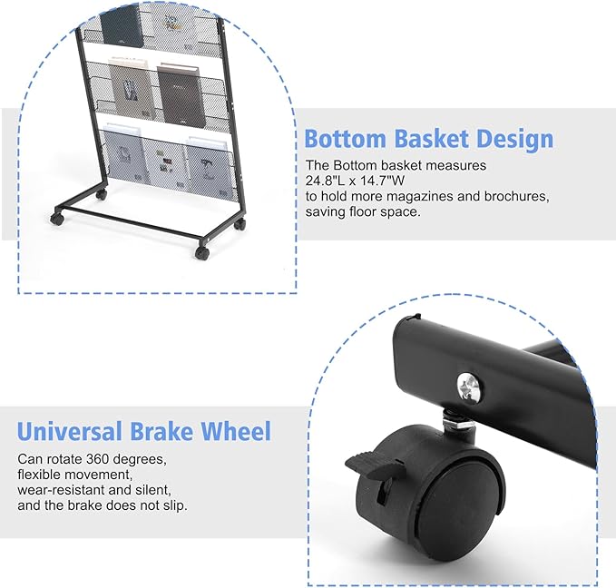 lesolar Floor-Standing Magazine Rack 4-tier Newspaper Holder Book Display Shelf Brochure Display Stand Floor Suitable for Exhibitions Shopping Malls Hospitals Offices School (Black)