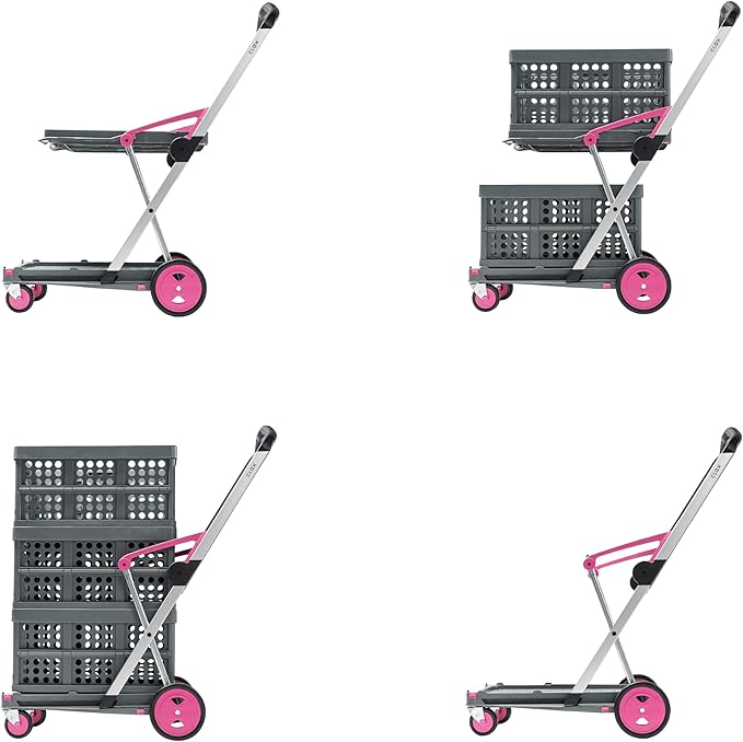 CLAX® The Original | Made in Germany | Multi use Functional Collapsible Carts | Mobile Folding Trolley | Shopping Cart with Storage Crate (Pink)