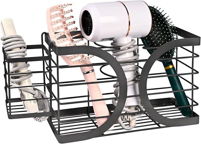 Elegant Black Wall Mounted Hair Dryer Holder - Stylish Bathroom Organiser for Hair Dryer & Straightener, Hair Brush & Accessories