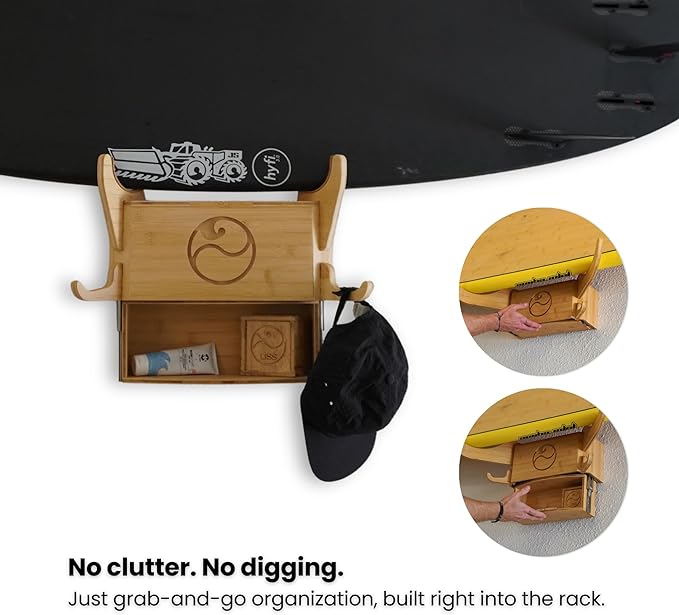 LISS Solo Rack – Wall Mount Surfboard Holder for ONE Board – Bamboo Board Rack with Interchangeable Arms & Hidden Storage Drawer – Fits Shortboards, Longboards, SUPs, Wakeboards, Snowboards up to 12ft