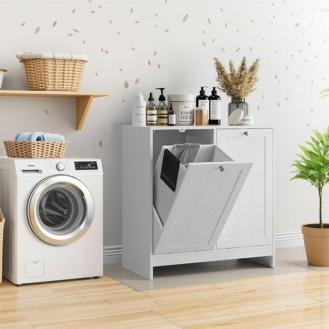 Double Tilt Out Laundry Hamper Cabinet with 2 Baskets, Laundry Cabinet, White, 12.99" D×25.98" W×26.81" H, 2 × 5.9 Gallon