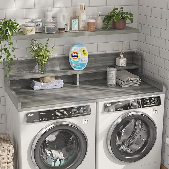 2-Tier Washer Dryer Countertop with 2.75" H Edge Rails, 58" W x 28" D Laundry Countertop for Folding Clothes, Washer and Dryer Topper with Non-Slip Pad (Stripe Gray)